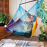 Caribbean Hammock Swing Chair with Spreader Bar, Large Hammock Chair, Hand Craft Rope Hanging Chair Outdoor, Indoor, Bedroom, 330 LBS Weight Capacity, Rainbow