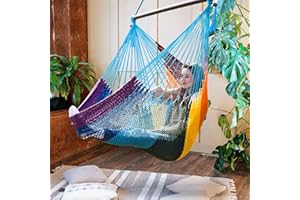 BATHONLY Caribbean Hammock Swing Chair with Spreader Bar, Large Hammock Chair, Hand Craft Rope Hanging Chair Outdoor, Indoor, Bedroom, 330 LBS Weight Capacity, Rainbow