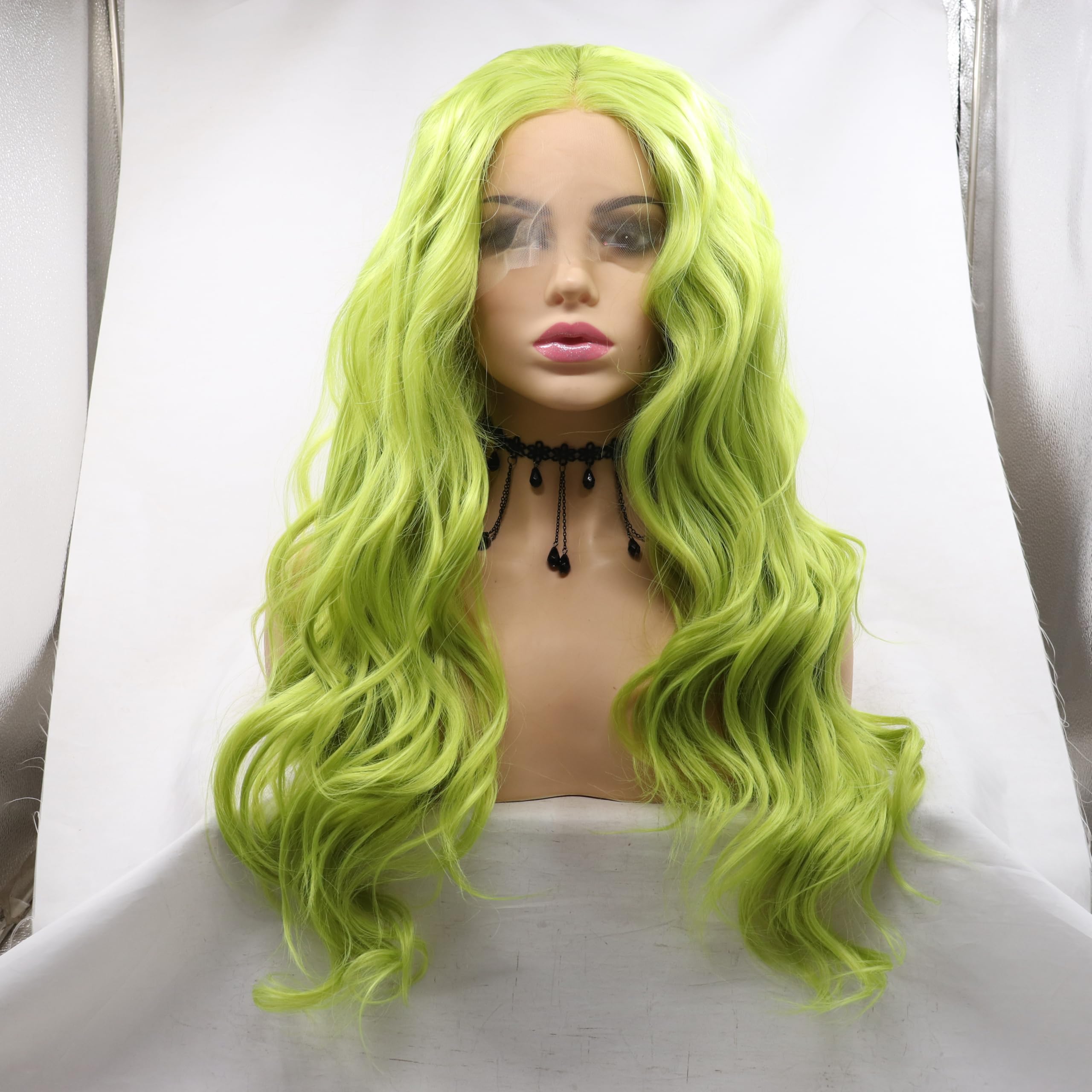 Xiweiya Olive Green Curly Lace Front Wig Long Wavy Grass Green Lace Front Wigs Natural Looking Half Hand Tied Wigs Heat Resistant Fiber Hair Drag queen Christmas wig 24 inches