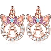 C-leen Unicron Initial Earrings for Girls Teens, 925 Sterling Silver Post Stud Earrings Initial Unicorn Earring Birthday Christmas Gifts for Girls Teens