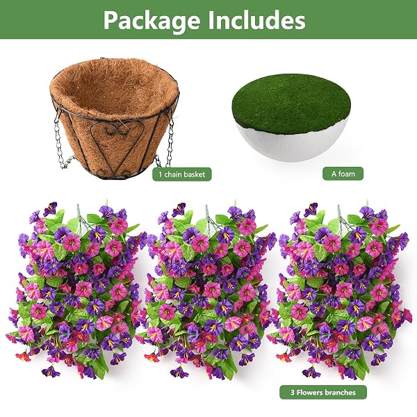 INQCMY ARTIFICIAL FLOWERS FOR OUTDOOR SPRING SUMMER DECORATION FAUX SILK MORNING GLORY FAKE HANGING FLOWERS UV RESISTANT LOOK REAL FOR HOME PORCH (3PCS FUCHSIA&PURPLE +1 BASKET)