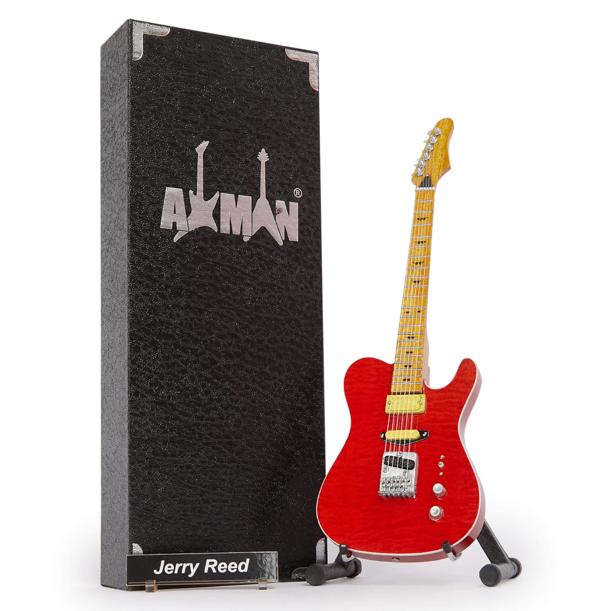 Jerry Reed: Red AAA - Miniature Guitar Replica - Music Gifts - Handmade Ornamental 1/4 Scale - Includes a Display Box, Name Tag and Miniature Guitar Stand
