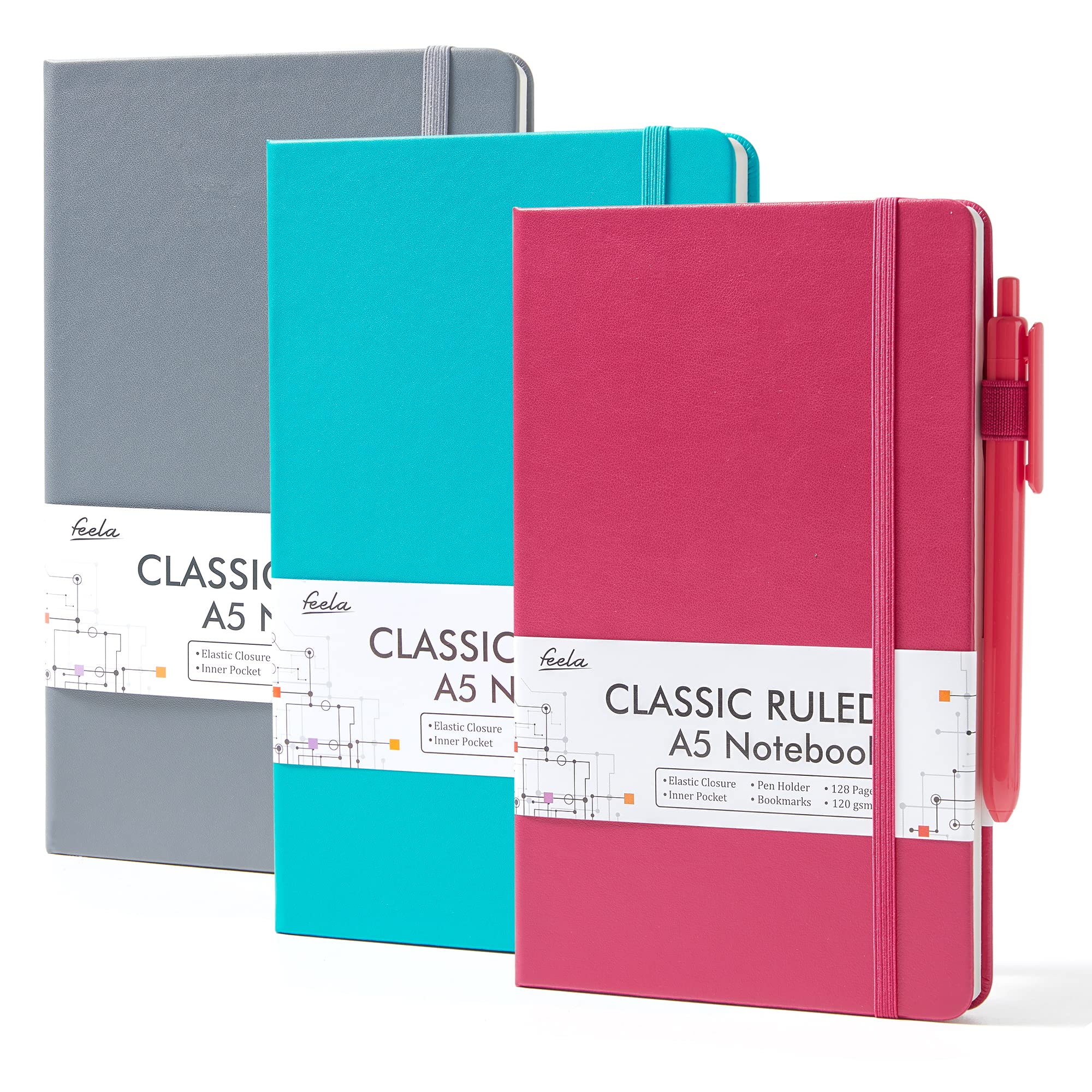 feela A5 Notebooks Multipack, 3 Pack Ruled Lined Notepads A5 (120 GSM), Hardback Journal Notebook with 3 Black Gel Pens, 128 Pages/Pack, 21 x 13cm, Solid Colours, Gray, Berry, Emerald — image 1