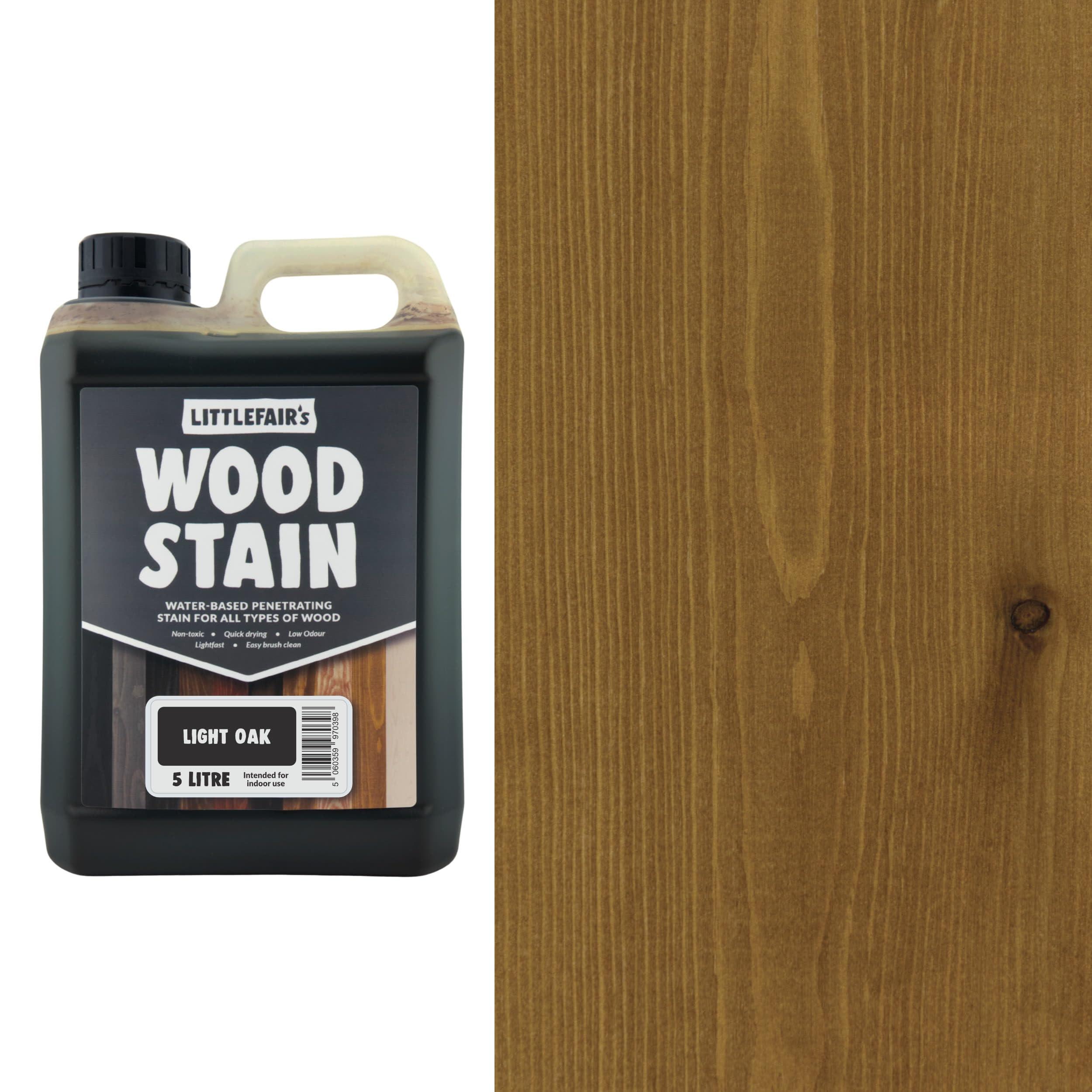 Littlefair's Wood Stain Water-Based - (Light Oak) – Non-Toxic, Eco-Friendly & Quick Drying - Easy-to-Apply, Concentrated Formula for All Wood Types – 5 LTR