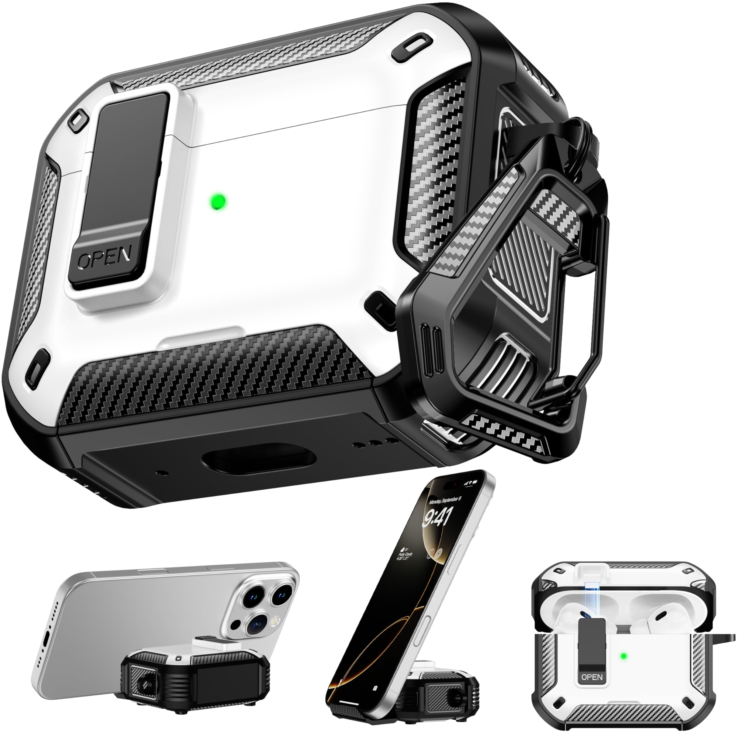 Photo 1 of **MISSING CARABINER** RFUNGUANGO Compatible AirPods Pro 2nd Generation / 1st Generation Protective Case with Phone Holder and Compatible Back Magnetic Suction Function, Suitable for AirPods Pro 2 Case, White