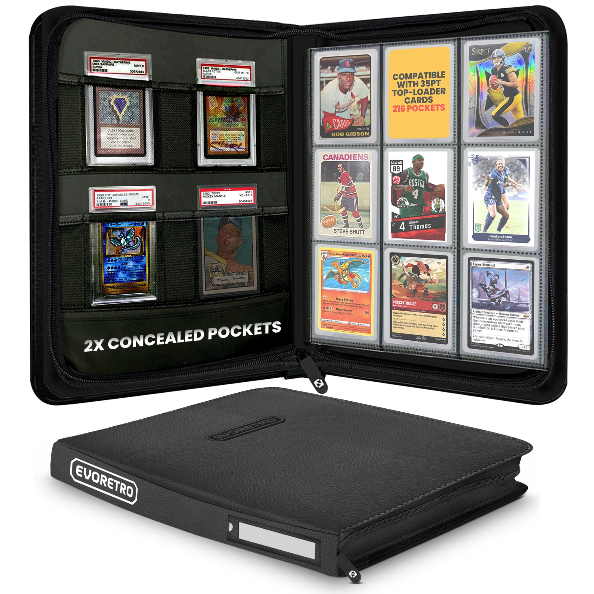 TopLoader - 35pt-55pt 3"x4" Portable Top Loader Binder - Black, 216 Slots, 4 PSA Slab Pocket, Lorcana, Pokémon, MTG, Baseball & EVORETRO Card Holder