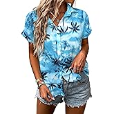 Women Hawaiian Shirt Soft Cool Summer Hawaii Tshirts Beach Tropic Print V Neck Button up Tops Floral Short Sleeve Tops