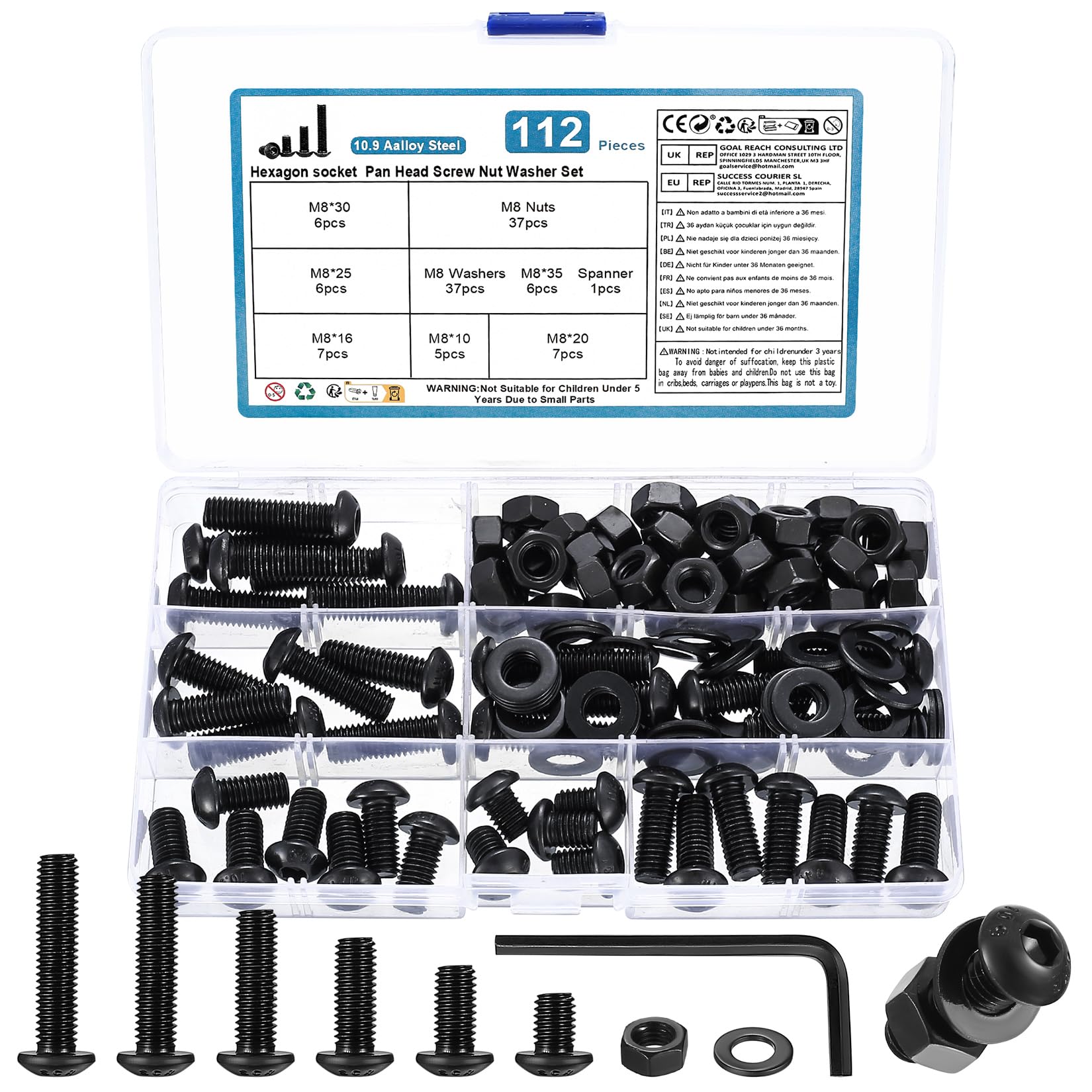 112 Pcs M8 Bolts and Nuts Set, Black Round Head Hexagon Socket Screws, with Wrench