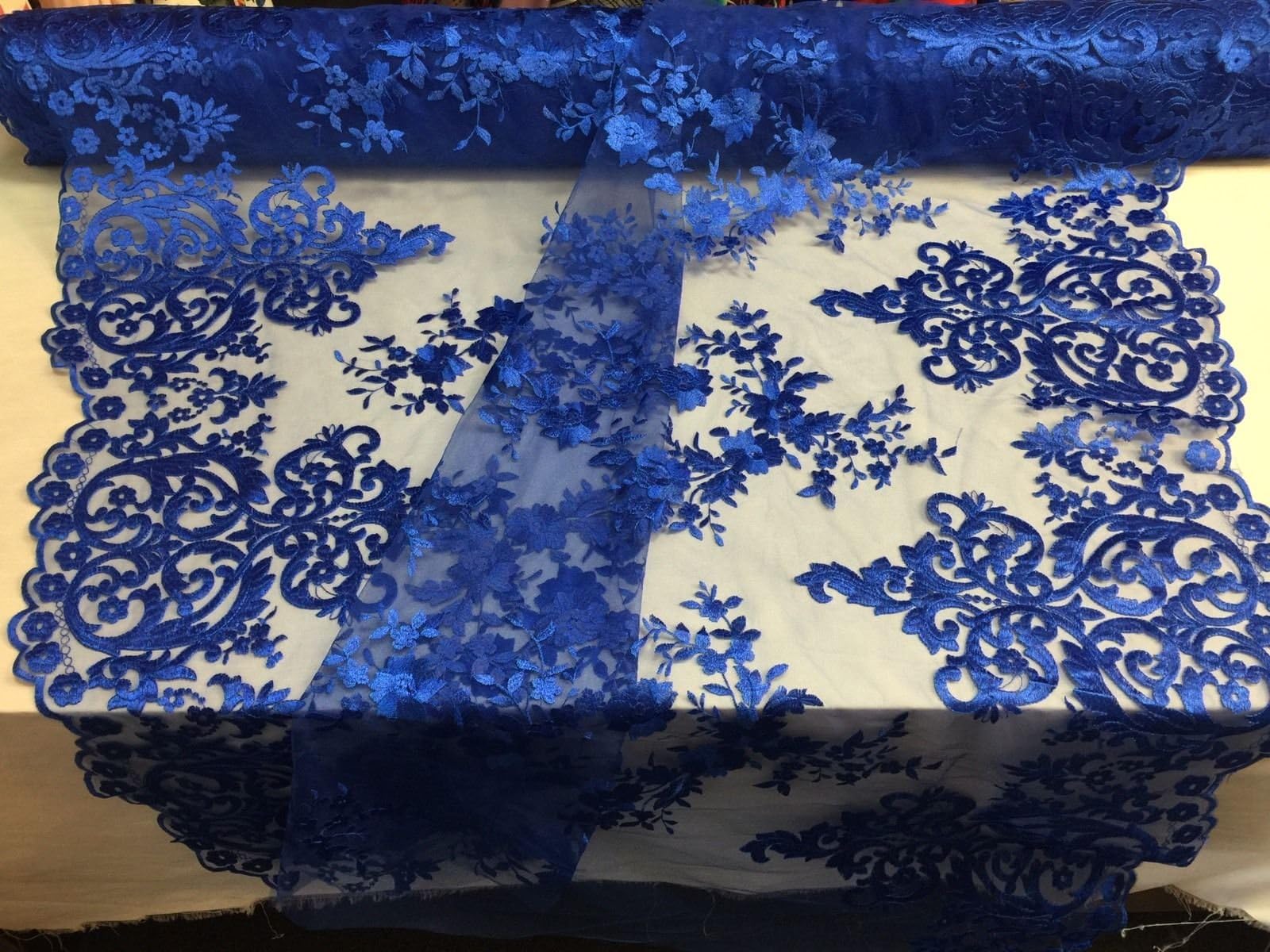 Lace Fabric by The Yard Royal Blue Embroidered On A 2 Way Stretch with Flowers Mesh lace Fabric- Bridal Wedding Dress.