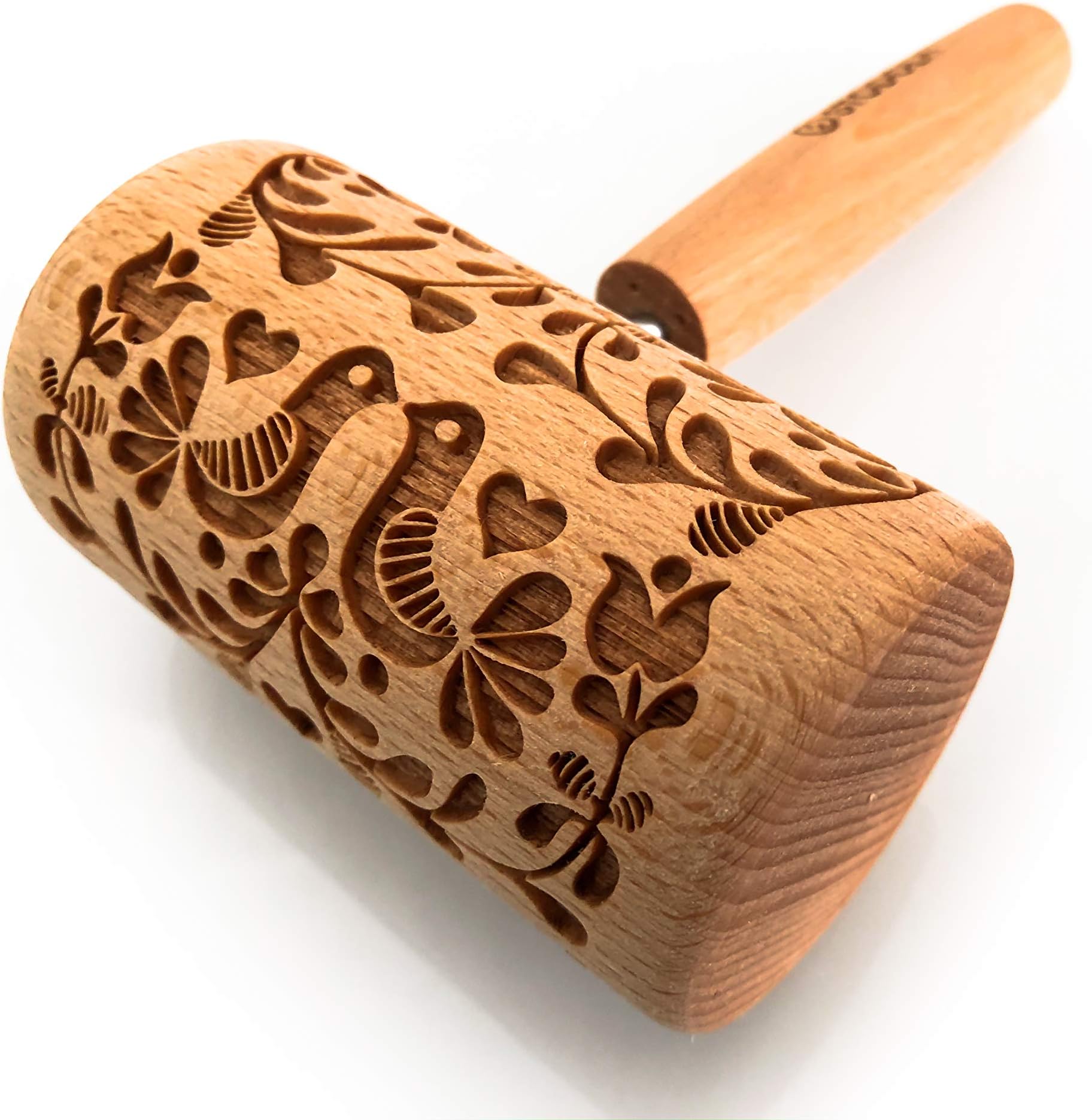 Engraved Mini Rolling Pin with Pattern for Embossed Cookies Folk Doves