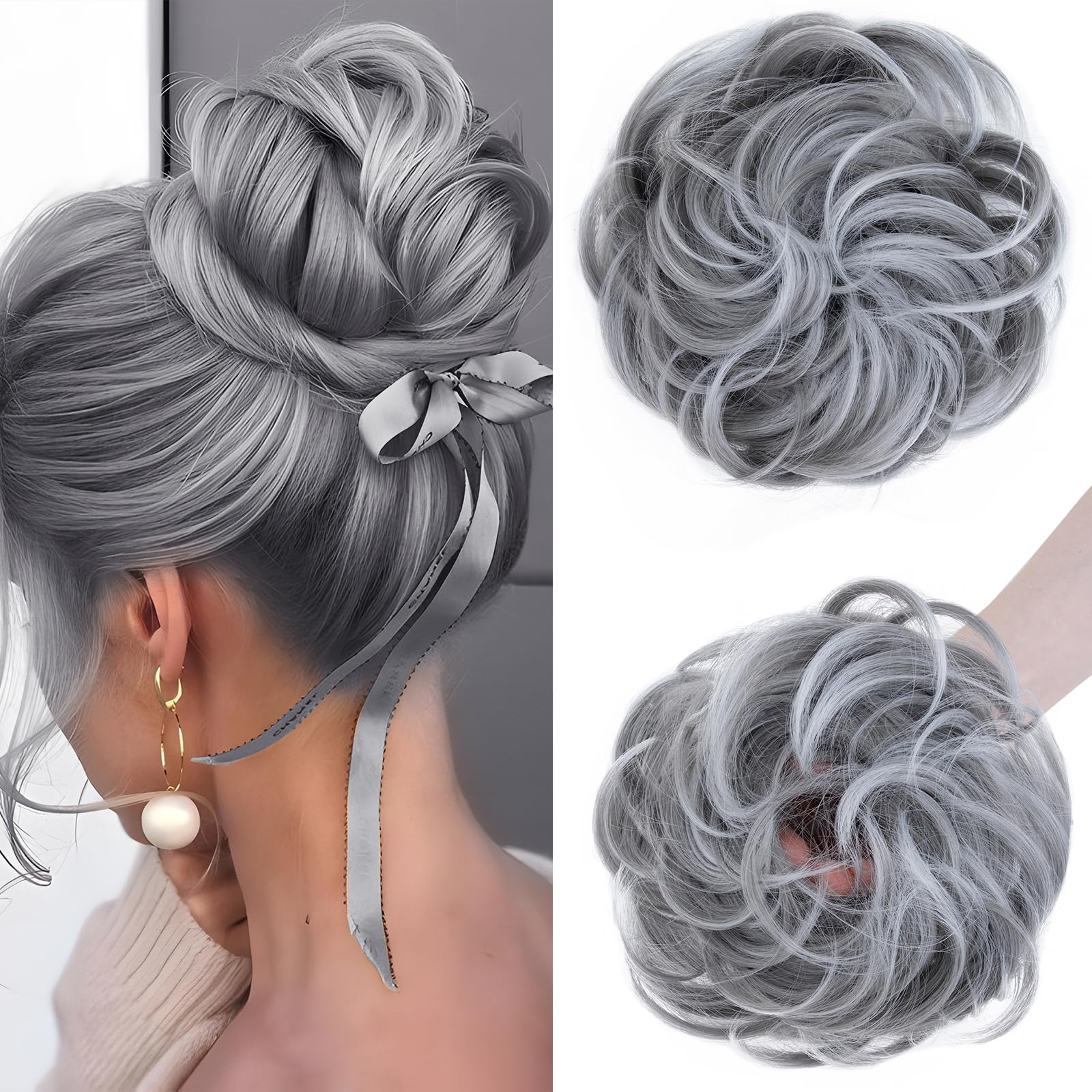 S-noilite Hair Pieces for Women Hair Scrunchies Thick Messy Bun Hair Bun Updo Chignons Ponytail Extenions - Dark Grey