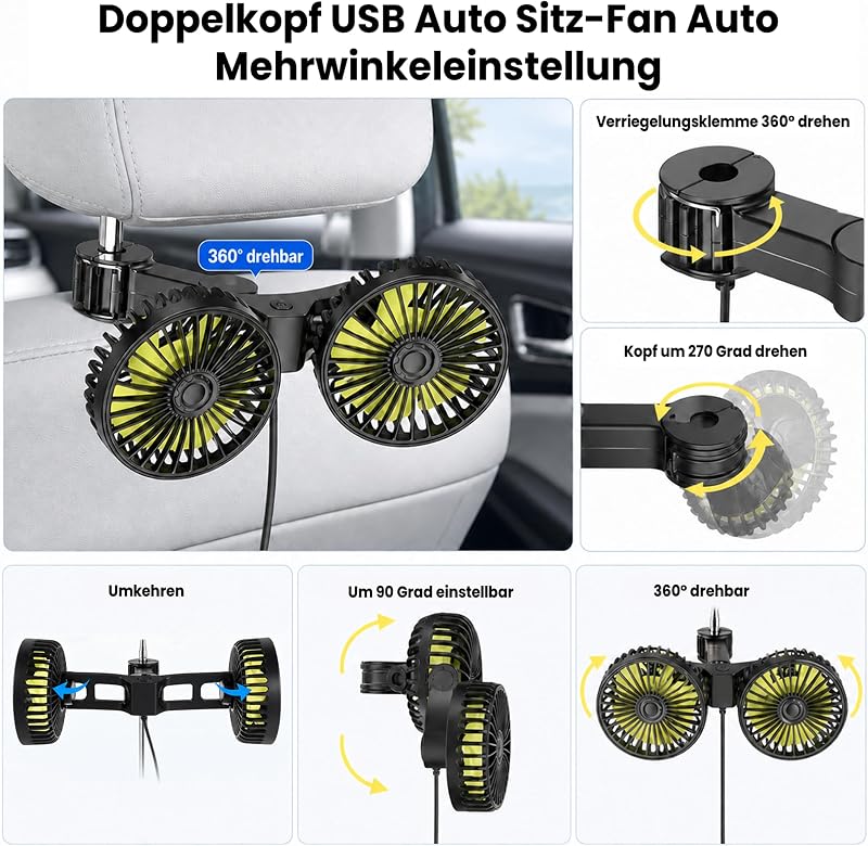Z0BMIO Ventilatore per auto per sedile posteriore, 12 V, doppia testa, poggiatesta, ventilatore compatto da 12 V, con raffreddamento potente e silenzioso, ventilatore USB girevole a 360°, silenzioso