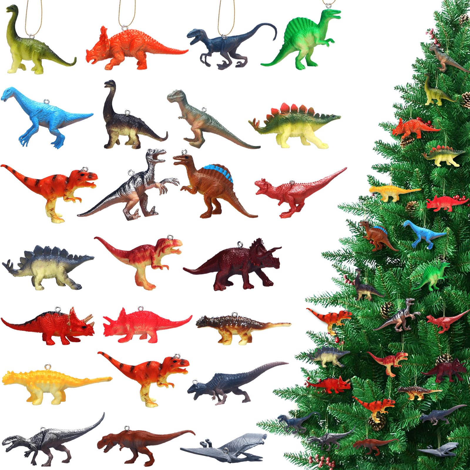 Photo 1 of 24 Set Christmas Dinosaur Ornaments with Hats and Scarves for Christmas Tree Ornament Plastic Decorative Hanging Dinosaur Decors for Tree Xmas Party Holiday Decoration(Classic)