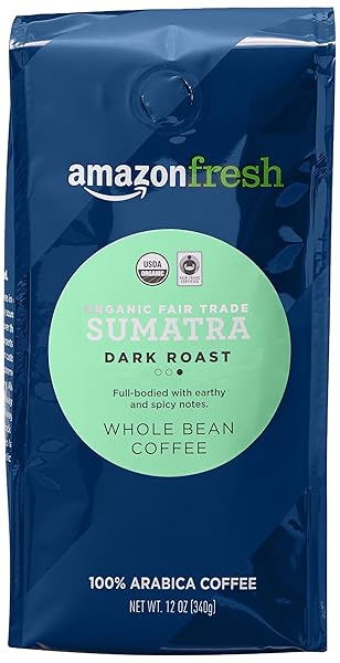 AMAZON FRESH, ORGANIC FAIR TRADE SUMATRA WHOLE BEAN COFFEE, DARK ROAST, 12 OZ
