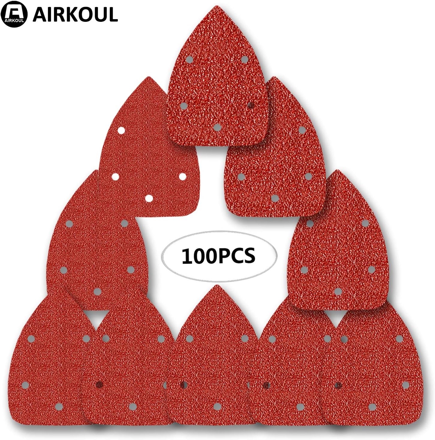 Airkoul 100 Pieces 5 Hole Hook Triangle Sander Sandpaper Sanding Paper Assorted 40/60/80/120/180/240/400/600/800/1000 Grits for Power Random Orbit Sanders