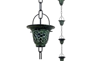 Rain Chains by JASINC 8.5 ft Grape Leaf Vineyard Cups Green Patina, to Replace Roof Gutter Downspout, with Installation Kit, Rainwater Catcher/Water Diverter, JAS8005GN