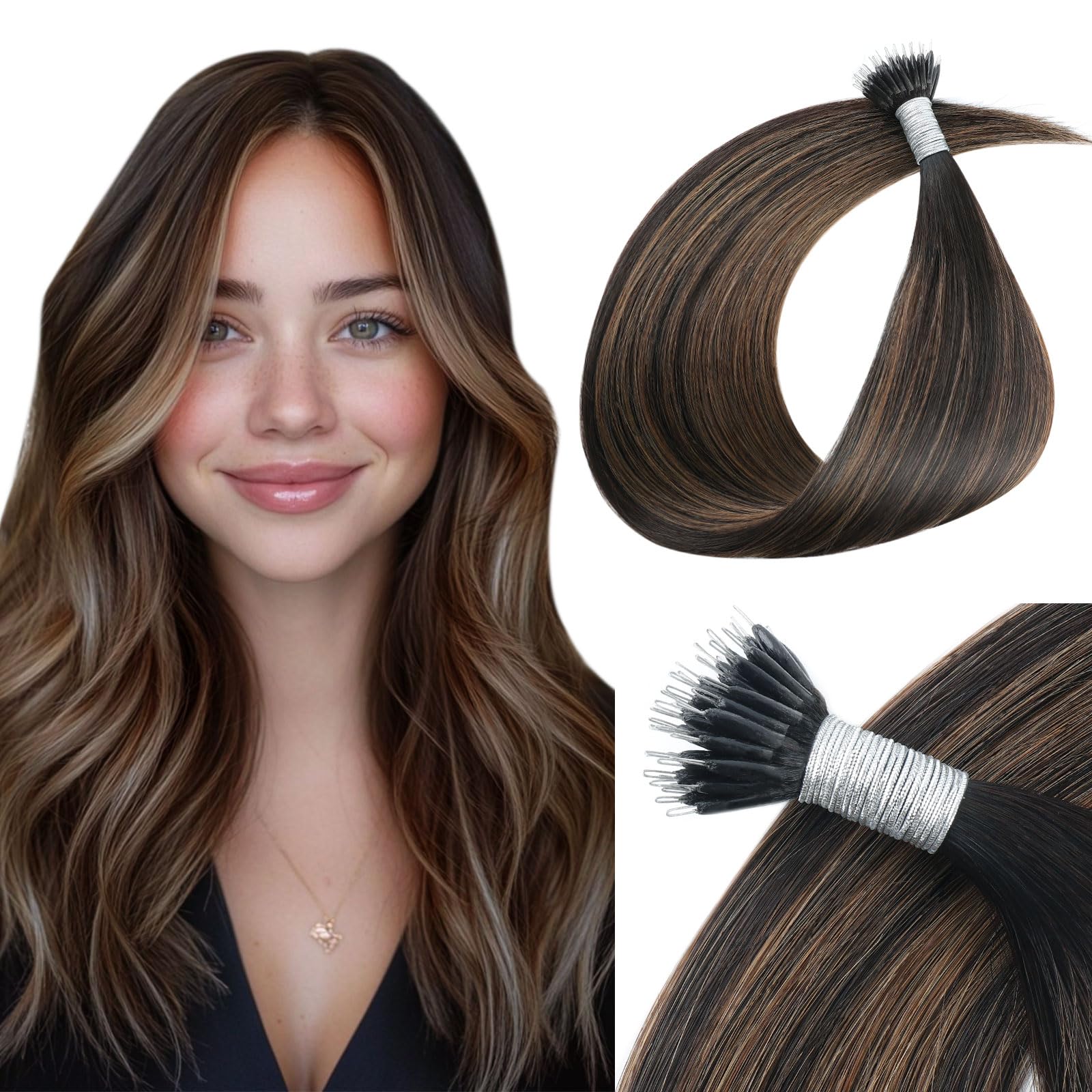 Yuniffe Real Human Hair Chocolate Brown Highlighted Caramel Blonde Nano Ring Hair Extensions Remy Straight Natural Long Straight 16 Inch 50g/50s