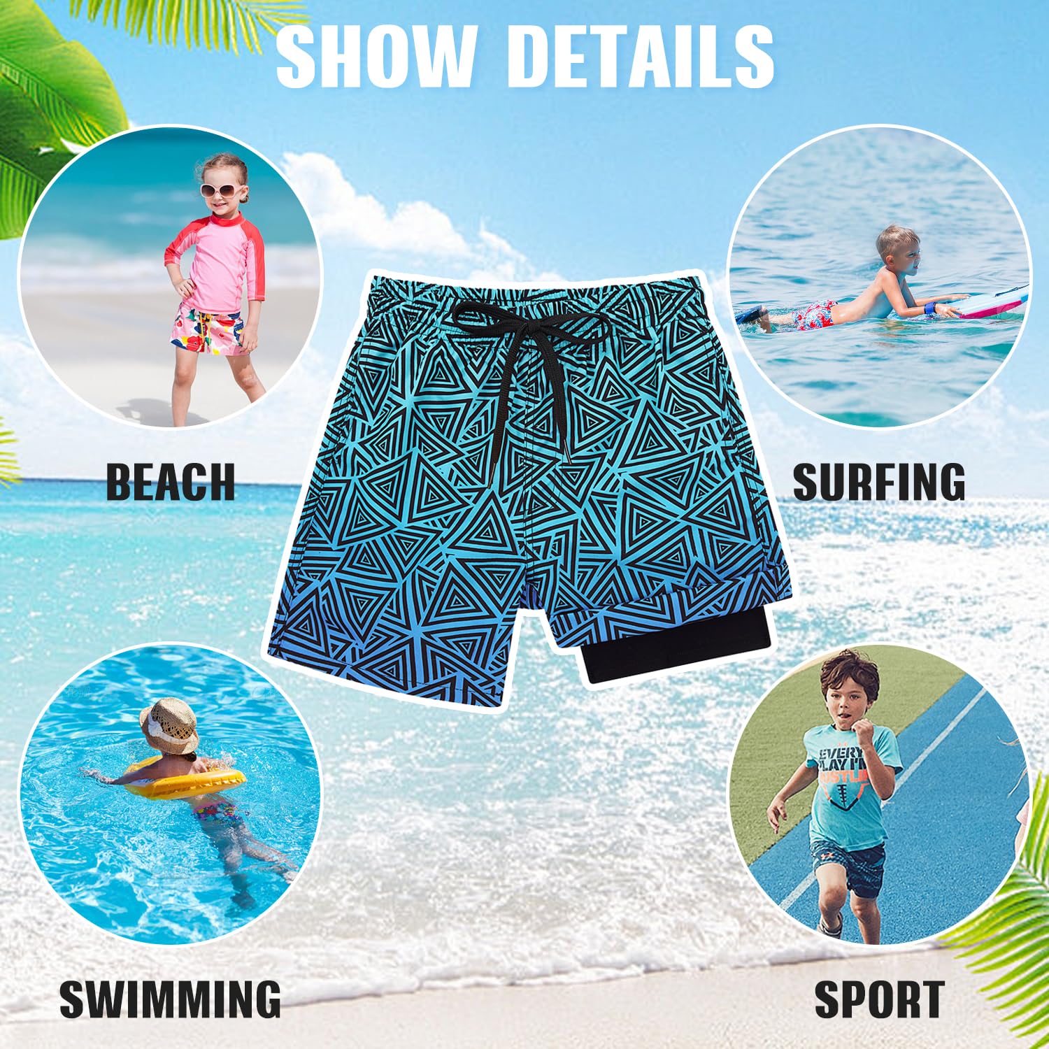 kids4ever Badehose für Jungen 10-12 Jahre Badeshorts Kompression Liner 2 in 1 Sommer Schnelltrocknend Boardshorts 3D Geometrie Elastische Taille Kurze Strandhose 5
