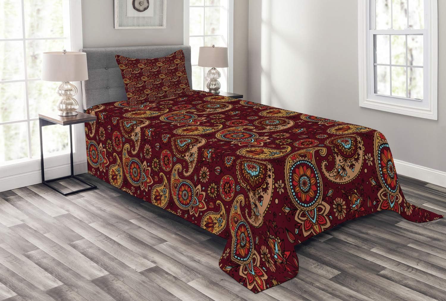 Ambesonne Paisley Bedspread, Middle Pattern Tribual Artwork Bohemian, Decorative Quilted 2 Piece Coverlet Set with Pillow Sham, Twin Size, Chestnut Brown