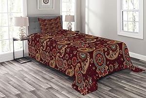 Ambesonne Paisley Bedspread, Middle Pattern Tribual Artwork Bohemian, Decorative Quilted 2 Piece Coverlet Set with Pillow Sham, Twin Size, Chestnut Brown