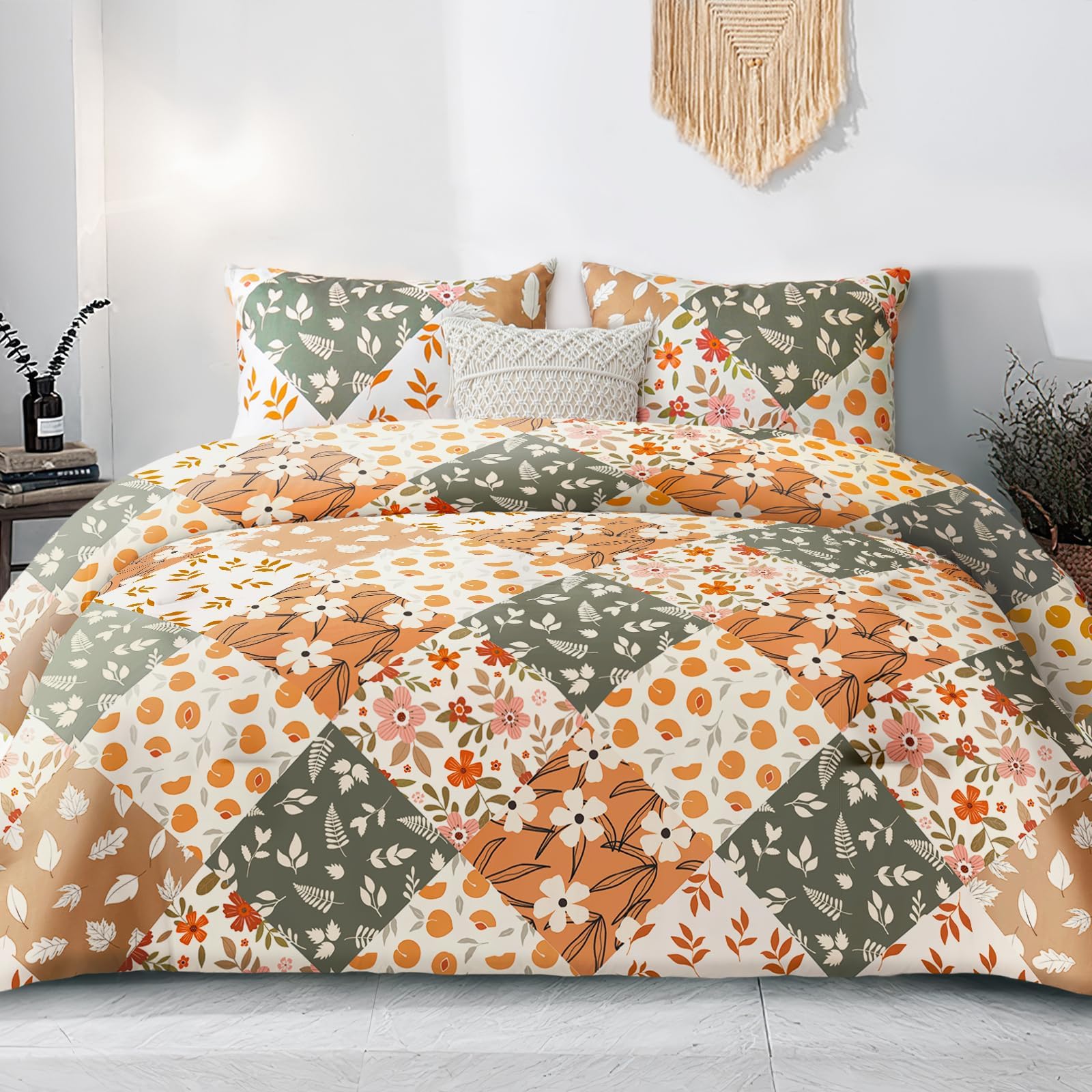 Whale Flotilla Double Size Coverless Duvet Set 7.5 Tog, Patchwork Floral Bed Cover Bedding Comforter Duvets Sets for All Seasons, Machine Washable, 200×200CM, Orange