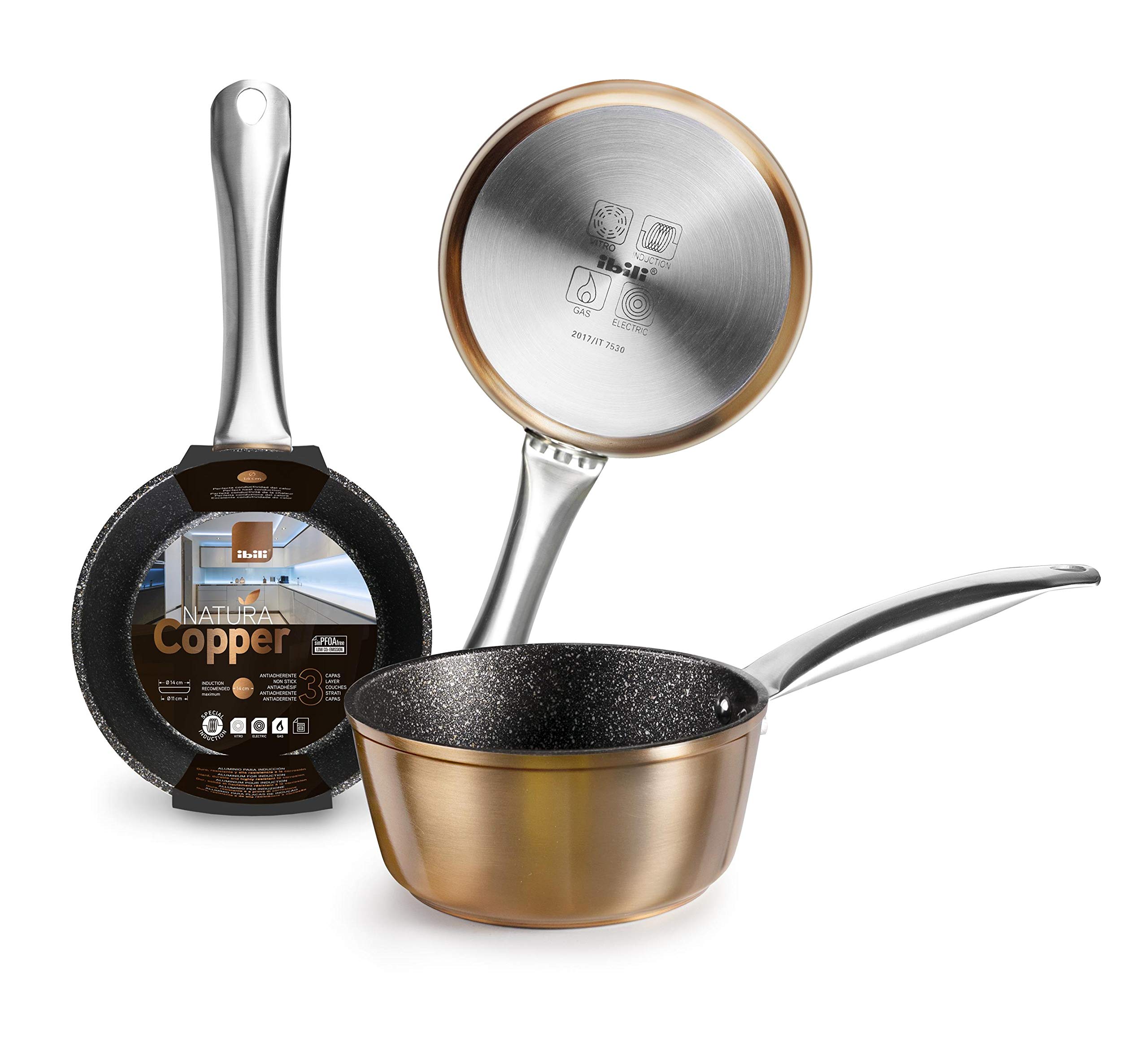 IBILI - Natura Copper Saucepan with Stainless Steel Handle, 14 cm, Stone Style Non-Stick Coating, Suitable for Induction Cookers