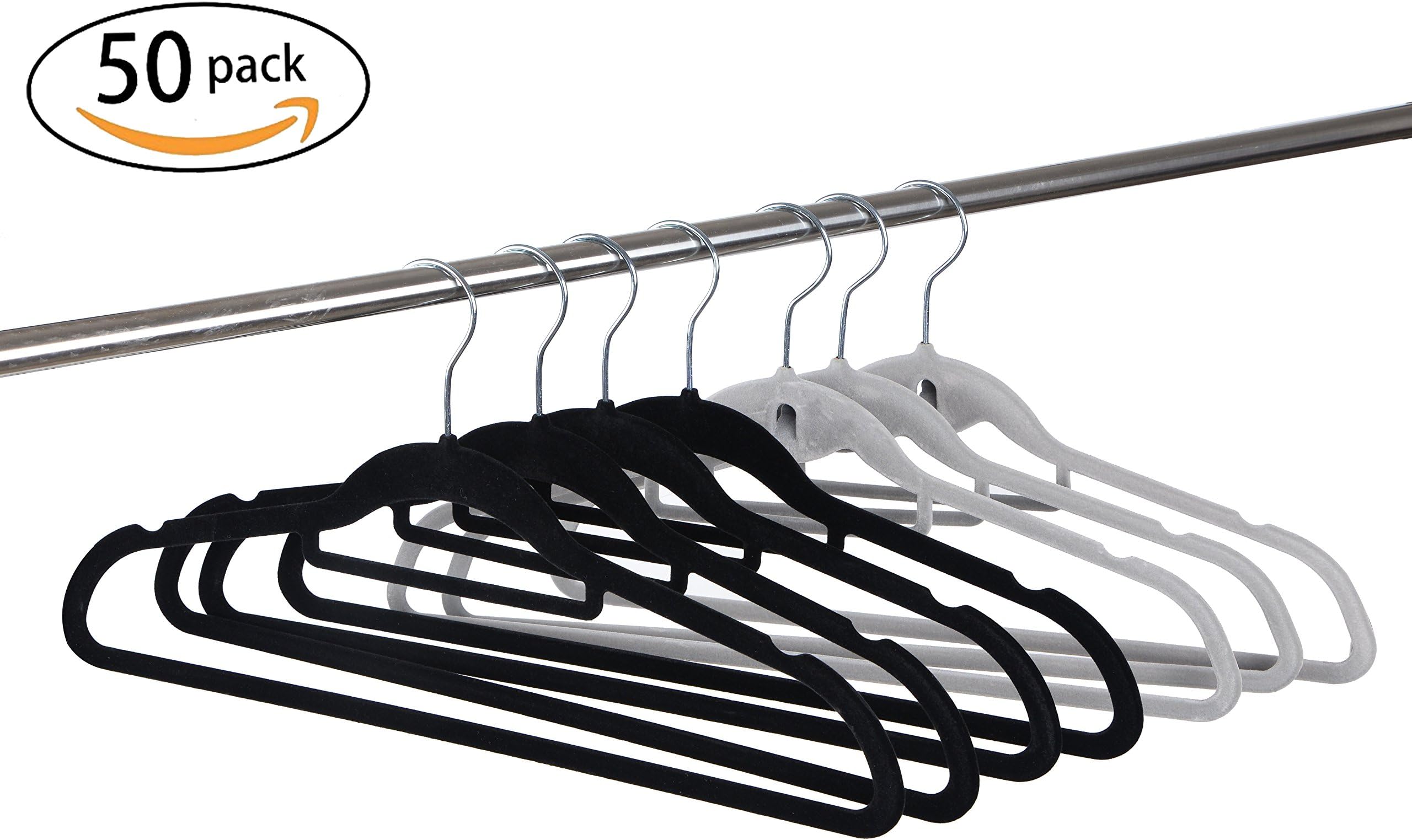 Premium Velvet Hangers 50 Pack Ultra thin Space Saving and Heavy Duty Non-Slip Clothes Hangers 360 Degree Rotatable Chrome Swivel Hook-Strong and Durable Flocked Suit Coat Hangers, Black(25) Grey (25)