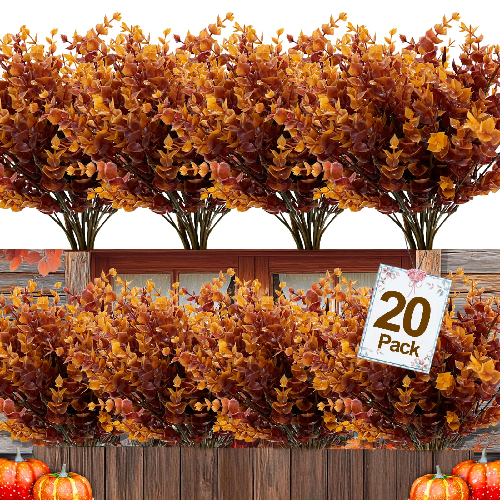 Photo 1 of 20 Bundles Artificial Fall Flowers for Outdoors Fall Decorations - UV Resistant Fake Mums Faux Plant Plastic Flowers Gardens Porch Fireplace Home Indoor Autumn Thanksgiving Decor(Brown Eucalyptus)