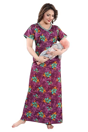 Invisible Zip Feeding/Maternity Flower Print Cotton Nighty/Night Gown Invisible Zip (Size: Free Bust:44)