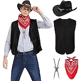 JoeRita Western Cowboy Costume Men Tasseled Vest Hat Bandana Necklace Cowboy Outfit Accessories for Halloween Cosplay (Black, L)