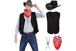 JoeRita Western Cowboy Costume Men Tasseled Vest Hat Bandana Necklace Cowboy Outfit Accessories for Halloween Cosplay (Black, M)