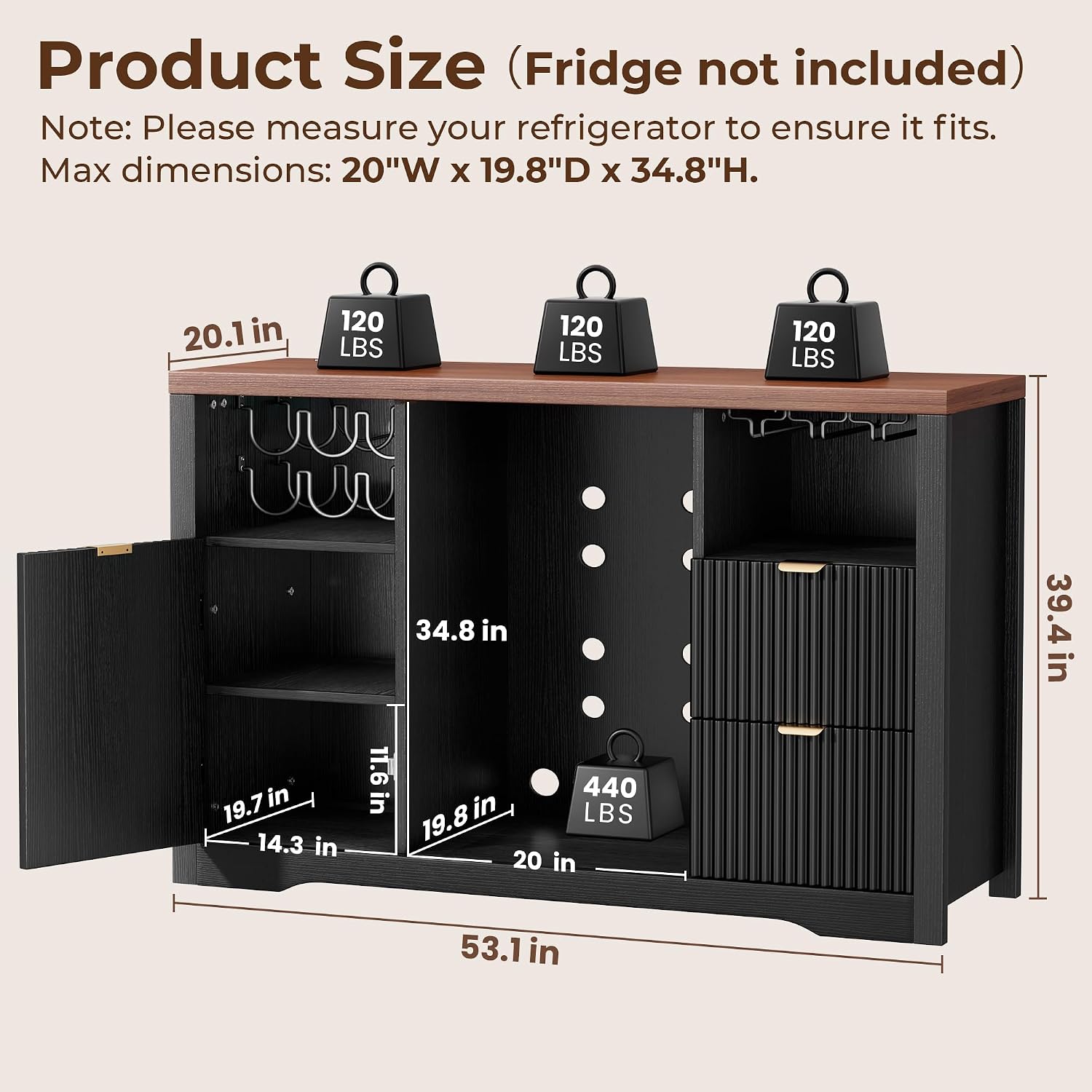 Product size and fridge space dimensions