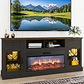 ENOUSHU 70" Fireplace TV Stand for TVs Up to 80" w/ 34" Electric Fire Place, Entertainment Center w/ 2 Glass Doors & LED Lights, TV Stands for Living Room (Espresso, 30" H w/Fireplace)