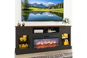 70" Fireplace TV Stand for TVs Up to 80" with 34" Electric Fire Place, Modern Entertainment Center with LED Lights and Glass 