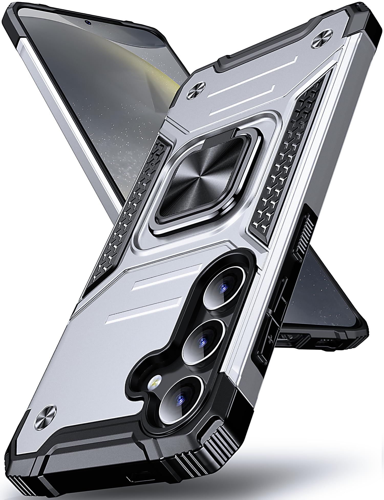 DASFOND Galaxy S24 Case, Military Grade Shockproof Protective Phone Case Cover with Enhanced Metal Ring Kickstand [Support Magnet Mount] Compatible with Samsung Galaxy S24, Silver