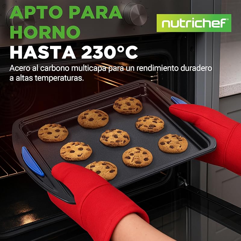 bandejas horno, Set de 3, Mangos de silicona, Apilables, Acero al carbono resistente, Antiadherente — foto 2 de 8