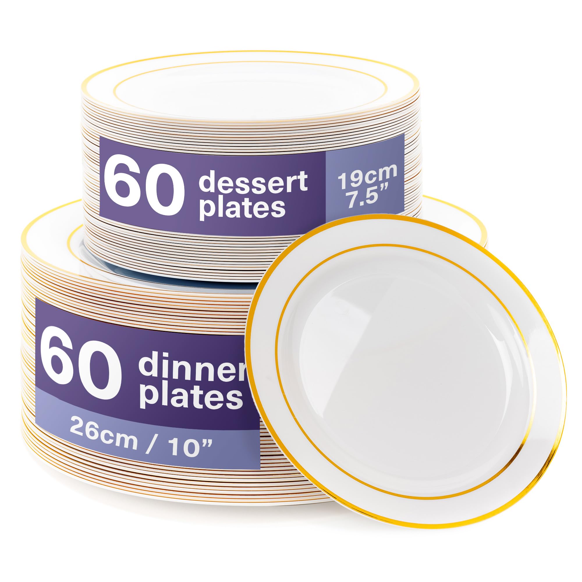 MATANA 120 Premium White Plastic Plates with Gold Rim - 60 x 26cm, 60 x 19cm - Elegant & Unbreakable, Reusable Party Plates for Wedding, Birthday, Christmas, Parties