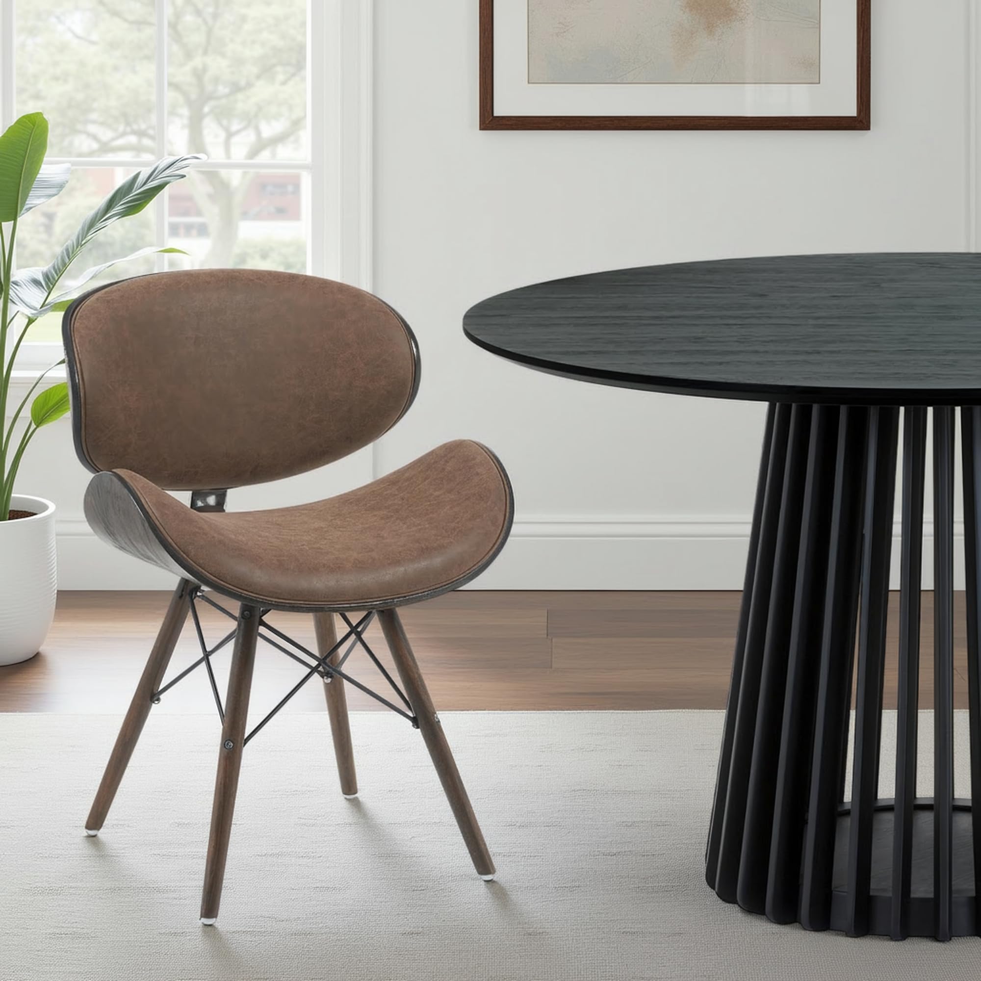 Armen Living Cassie Mid-Century Dining Chair with Vintage Dark Brown Faux Leather and Espresso Oak Finish Image