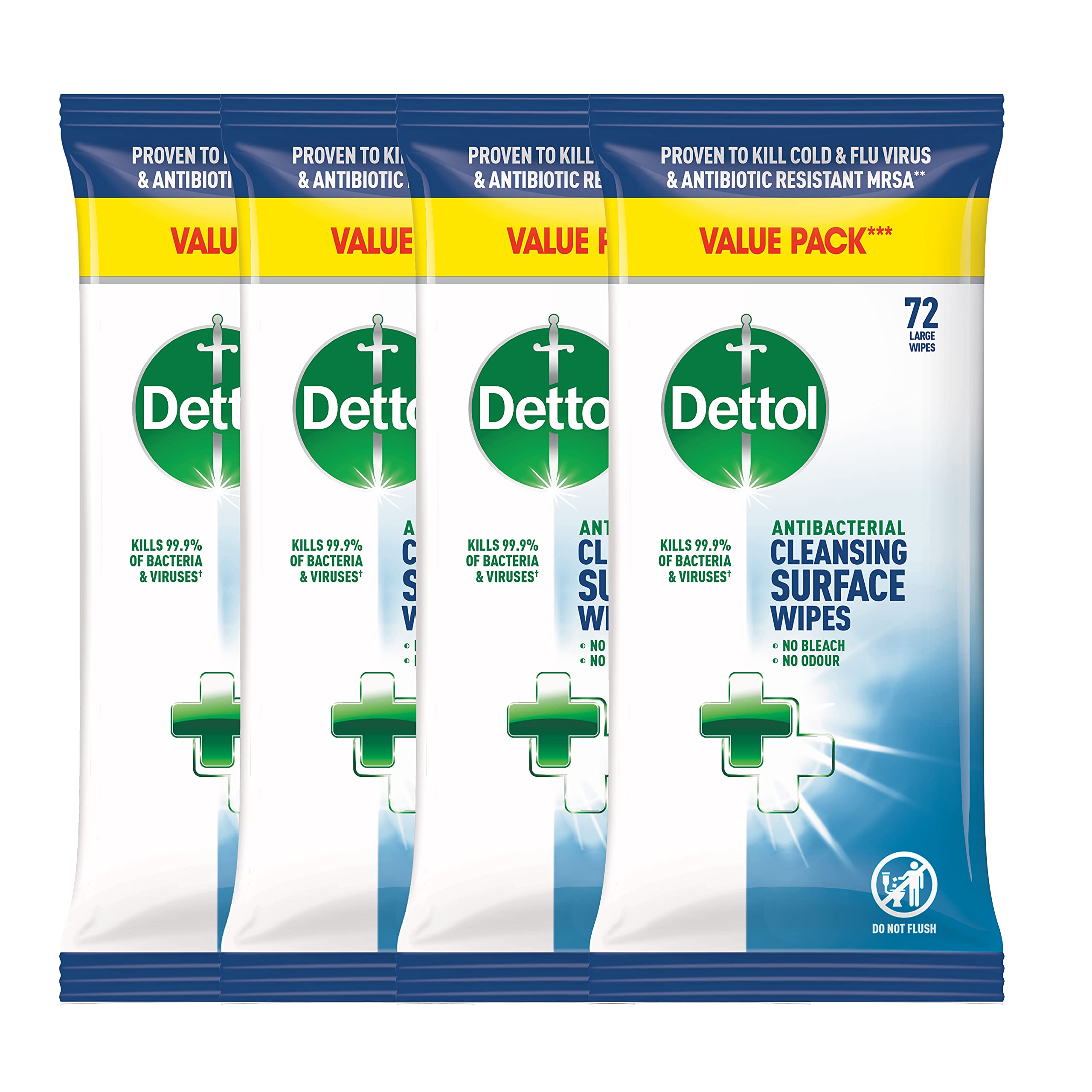 Dettol Antibacterial Disinfectant Wipes, 288 Count, 4 Packs of 72, Ideal for First Aid Kit, Car Cleaning, Surface Sanitizing, Germ Protection, Convenient and Effective Hygiene Solution