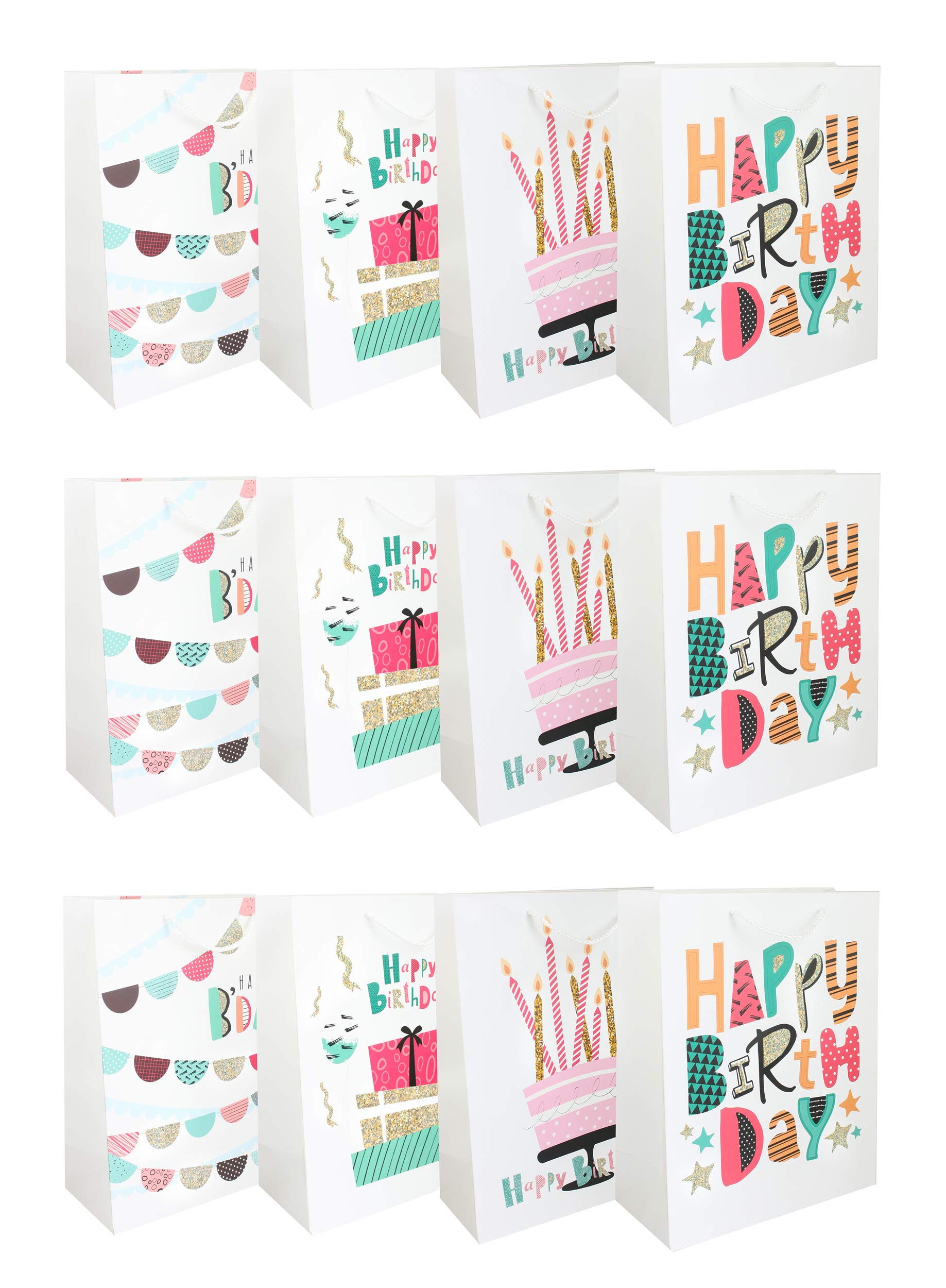 Emartbuy Luxury Gift Bag Strong Laminated Paper Mixed Colours (Set of 12 - Happy Birthday)