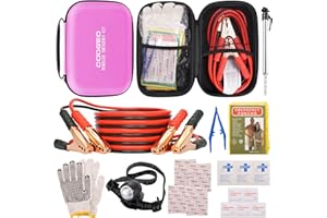 COOGEO Car Roadside Emergency Kit with Battery Jumper Cables,Car Accessories for Men or Women,Automotive Safety Kit for Car,Vehicle, Truck or SUV,Gifts for Men or Him, Pink