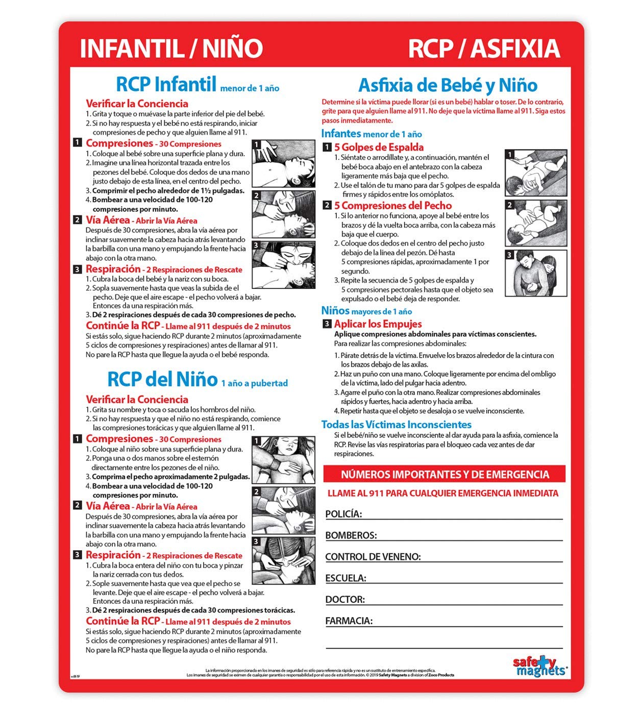 Infant and Child CPR and Choking First Aid in Spanish (en Español) - 8.5 x 11 in. - Emergency Numbers List - Laminated with Magnets Red
