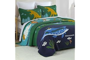 SahSahCasa Quilt Set Queen Size, 100% Cotton Quilt Bedding Set Bedspread, Kid Quilt Dinosaur Patterns 3pcs Quilted Bed Spread Lightweight Comforter for Kid Boys Girls Children Teens, Green/Navy