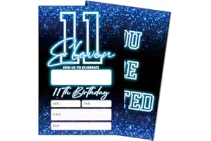SIXEIGHT Blue 11th Birthday Party Invitations for Boys, Glow Neon Birthday Invitations, 20 Double Sided Invite Cards with Envelopes for Kids Girls, Party Decorations Supplies, 4"x6"-C11