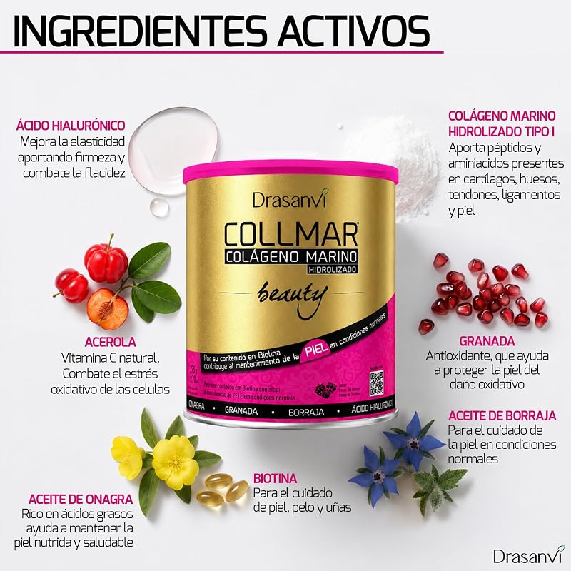 COLLMAR BEAUTY COLAGENO MARINO PARA LA PIEL, Colageno Hidrolizado con Vitamina C Natural, Biotina y Acido Hialuronico, Piel Bonita e Hidratada, Sabor Frutos del Bosque, 275 GR