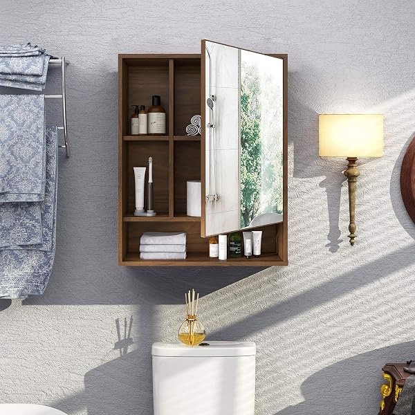 CHOOCHOO BATHROOM WALL MIRROR CABINET, MEDICINE CABINET WITH SINGLE DOOR AND ADJUSTABLE SHELF, OVER THE TOILET SPACE SAVER STORAGE CABINET, WALNUT