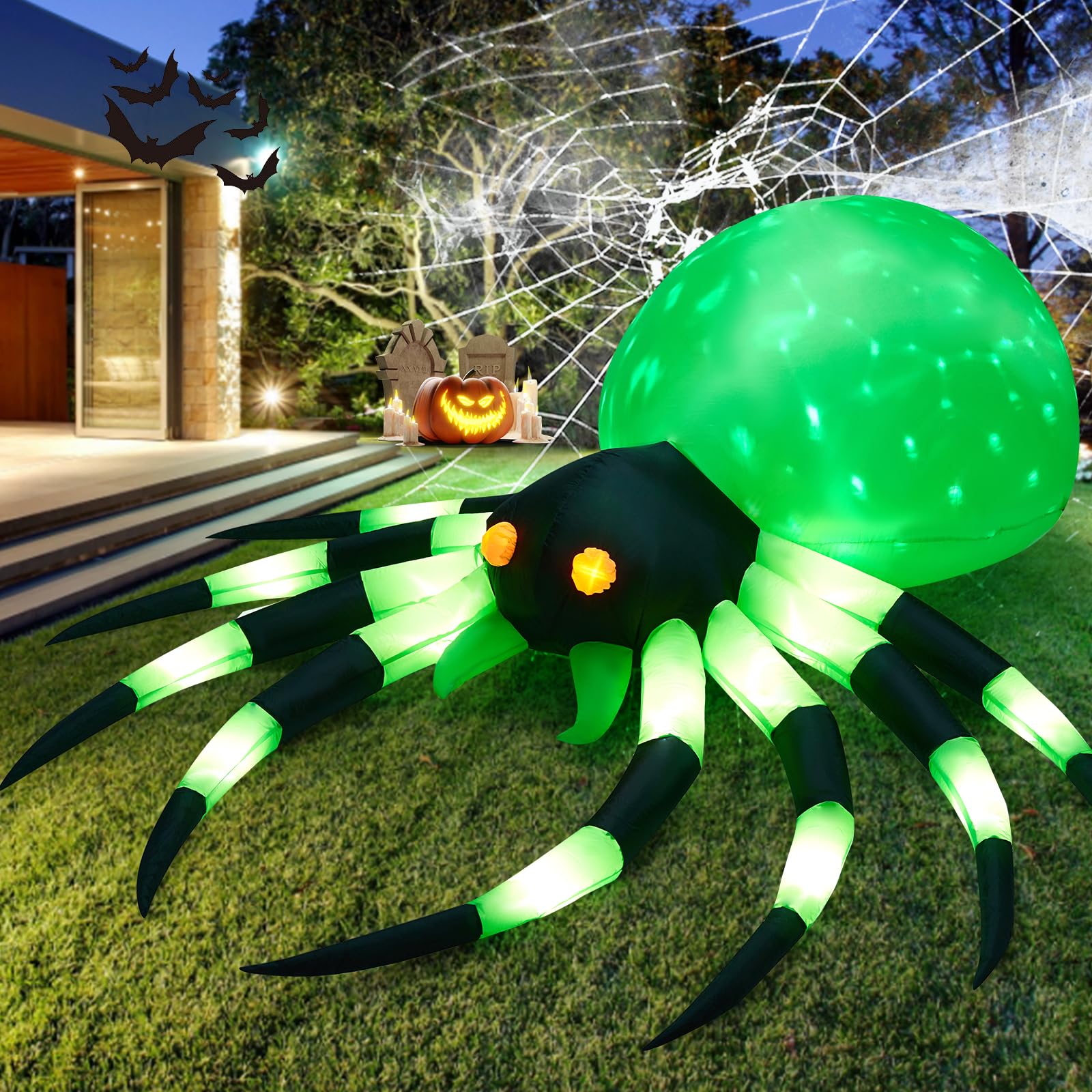 Photo 1 of 12FT Halloween Inflatables Giant Spider with 18 Built-in LED Lights and Magic Cube Light, Halloween Blowups for Yard, Garden and Lawn Outdoor Decoration (Green, 12FT)