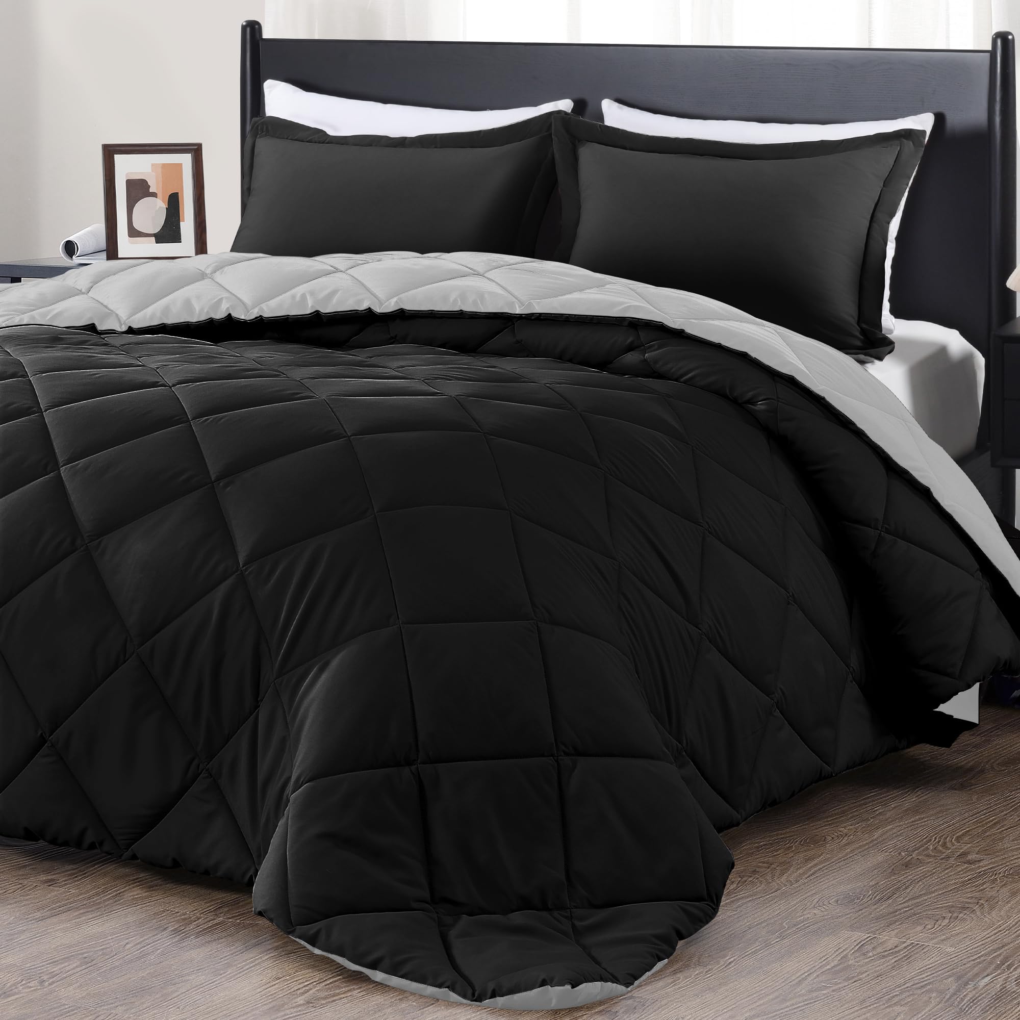 downluxe Full Size Comforter Set - Black and Grey Full Comforter - Soft Bedding Sets for All Seasons -3- Piece Comforter Set Full with 2 Reversible Pillow Shams Image