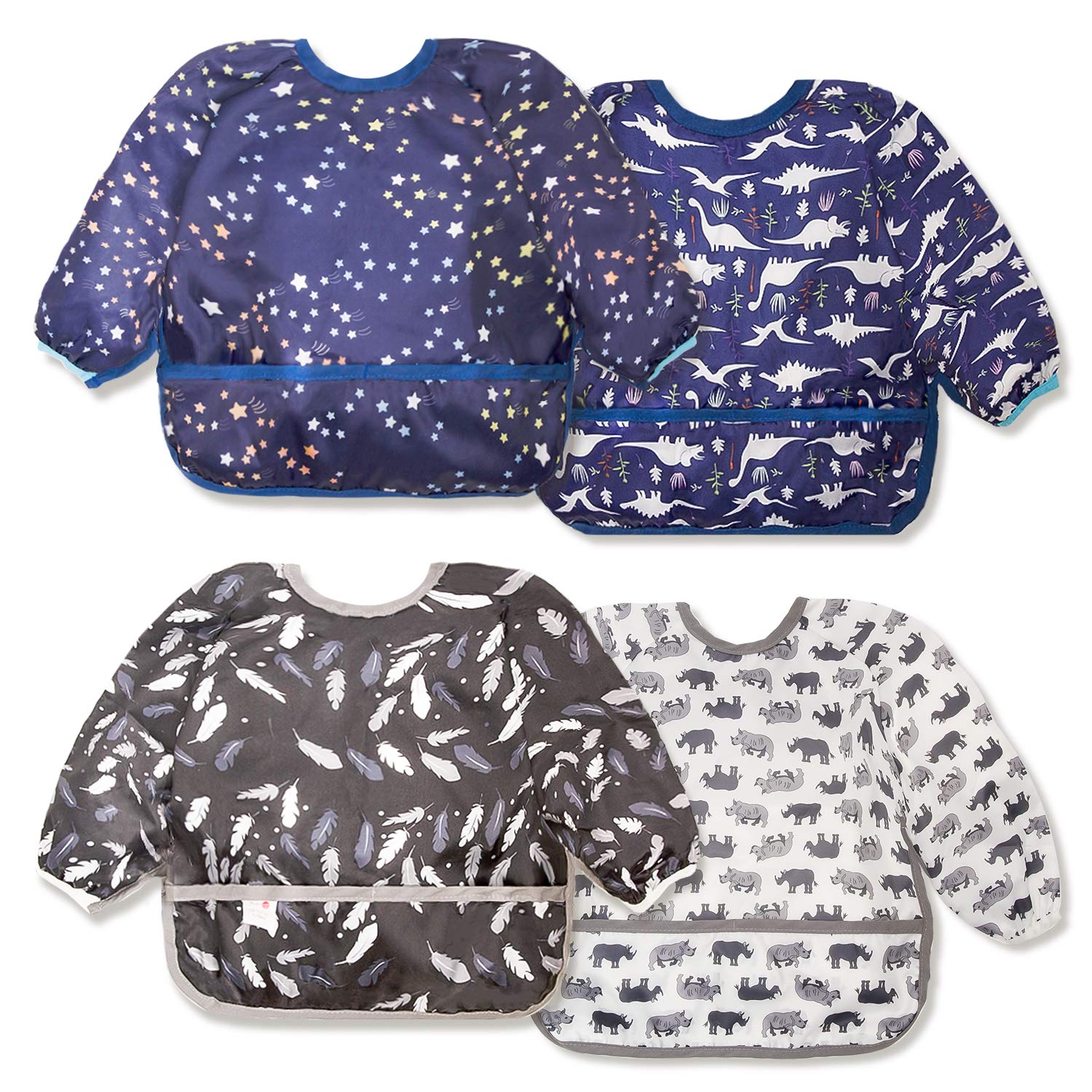 Joyo roy Baby Bibs with Sleeves for Boys 4Pack Weaning Bib Waterproof Baby Bibs for Eating Long Sleeve Smock for Eating 1-3 Year with Sleeves Infant Feeding Bib Apron for Feeding Toddler Apron