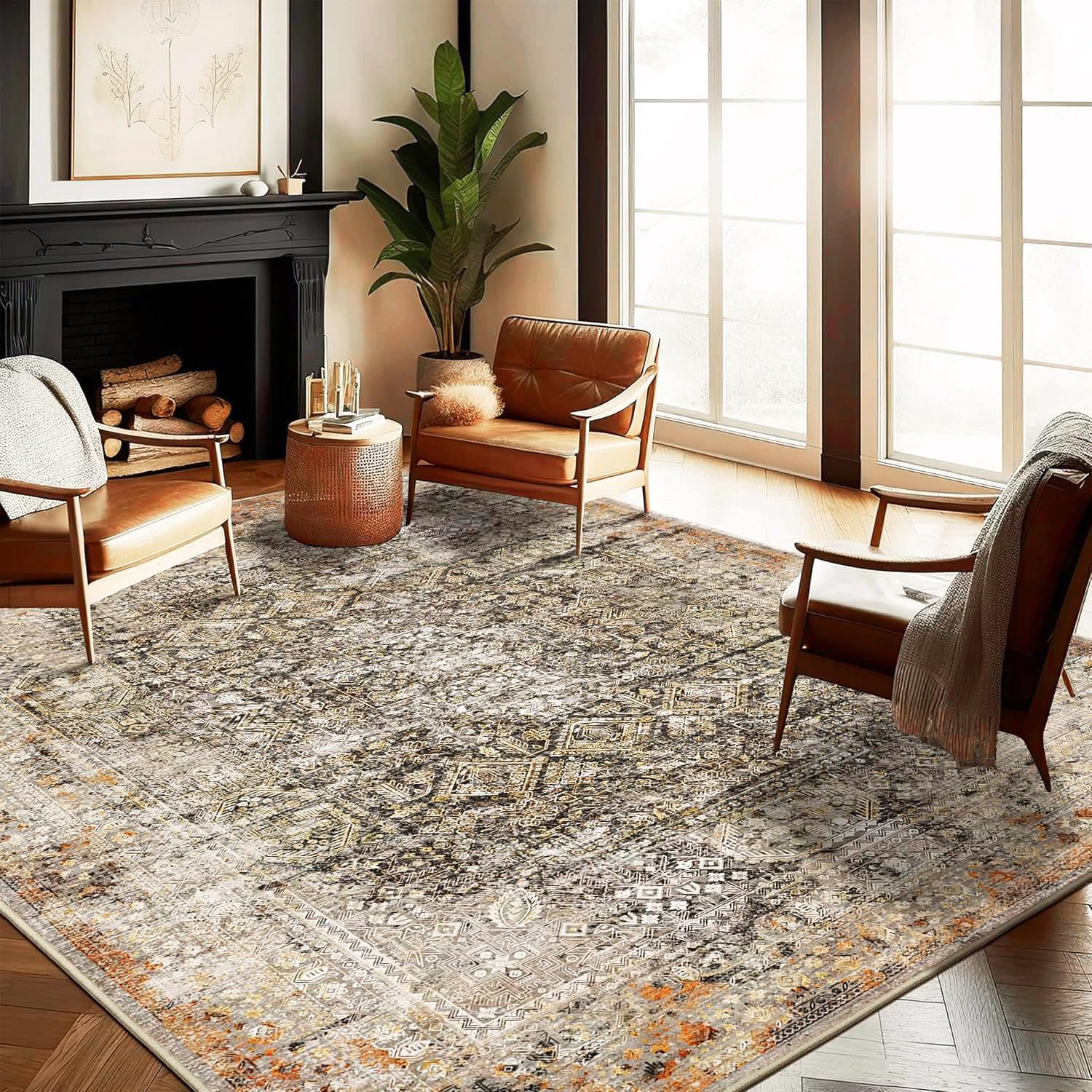 CHAMPLANT Area Rug 9'x12' Washable Vintage Traditional Mat Distressed Indoor Foldable Thin Retro Accent Floral Print Non Slip Carpet for Living Room Dining Room Office Large Rugs Image